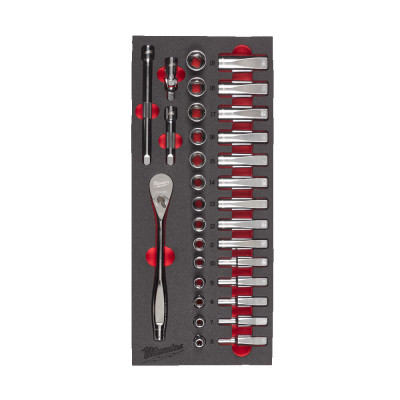 Ложемент с головками хромованими та тріскачкой 3/8'' MILWAUKEE. (28шт) (45х178,5х417мм) для візків