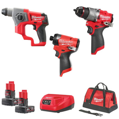 Набір інструментів акумуляторних MILWAUKEE, M12FPP3D-601B (зарядний пристрій С12, 2 акумулятора М12 6Аг, дриль-шурповерт з удар