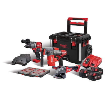Набір інструментів акумуляторних MILWAUKEE M18 PP4A4-503X (зарядий пристрій M12-18FC, 3 акумулятори М18 В5 5Аг, M18 FPD2-0, M18