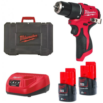 Дриль-шуруповерт акумуляторна безщіткова ударна MILWAUKEE, M12 BLPDRC-202С (40Нм) (зарядний пристрій, 2 акум.Х2Аг, кейс)