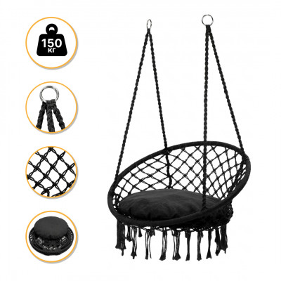Підвісне плетене крісло-гойдалка LEOBRO Boho XL 80 см Black з подушкою (LB-1105)