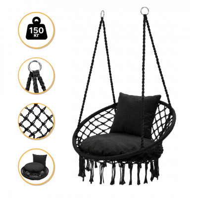 Підвісне плетене крісло-гойдалка LEOBRO Boho Comfort XL 80 см Black (LB-1108)