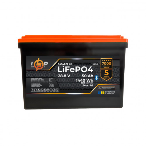Акумулятор LP LiFePO4 28,8V (9S) - 50 Ah (1440Wh) (BMS 80A/50А) пластик Smart BT Акумулятор LP LiFePO4 28,8V (9S) - 50 Ah (1440Wh) (BMS 80A/50А) пластик Smart BT