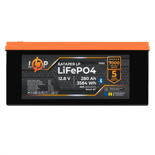 Акумулятор LP LiFePO4 12,8V - 280 Ah (3584Wh) (BMS 200A/100А) пластик Smart BT Акумулятор LP LiFePO4 12,8V - 280 Ah (3584Wh) (BMS 200A/100А) пластик Smart BT