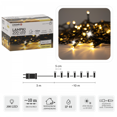 Гірлянда електрична Chomik, 200 LED, 10м, теплий білий, від мережі
