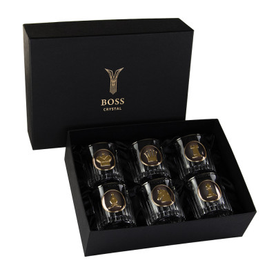 Набір для віскі "ШАХИ" 6 келихів 360 мл, кришталь з платиною, зображення зі срібла з позолотою