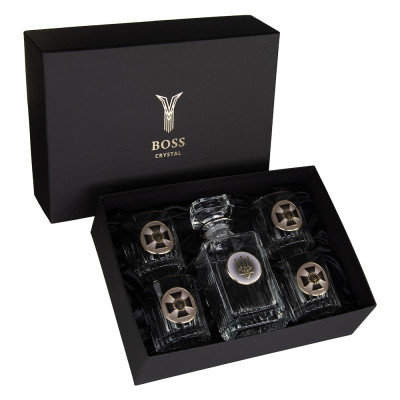 Набір для віскі “СЛУЖБА БЕЗПЕКИ” 4 келиха 360 мл, графін 750 мл, кришталь з платиною, зображення зі срібла з позолотою