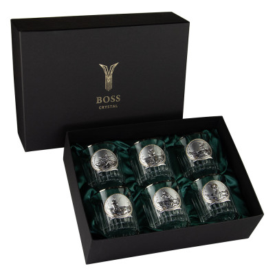 Набір для віскі “FISHERMAN” 6 келихів 360 мл, кришталь з платиною, зображення зі срібла з позолотою