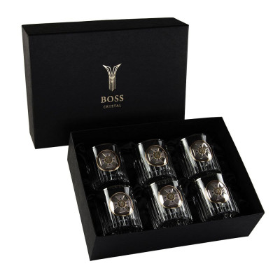 Набір для віскі "МНС" 6 келихів 360 мл, кришталь з платиною, зображення зі срібла з позолотою