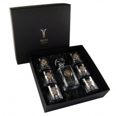 Набір для віскі "МНС" 6 келихів 360 мл, графін 750 мл, кришталь з платиною, зображення зі срібла з позолотою Набір для віскі "МНС" 6 келихів 360 мл, графін 750 мл, кришталь з платиною, зображення зі срібла з позолотою