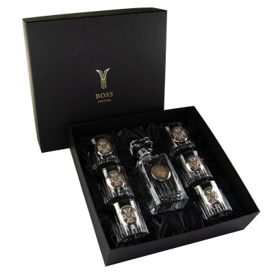 Набір для віскі "МНС" 6 келихів 360 мл, графін 750 мл, кришталь з платиною, зображення зі срібла з позолотою