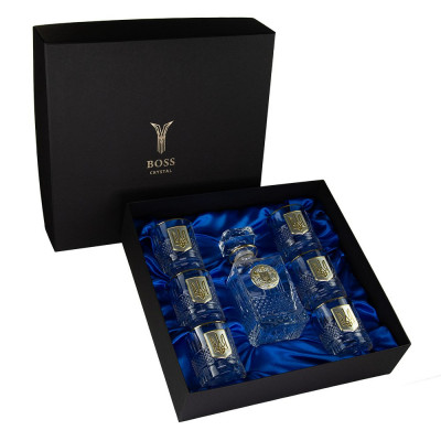Набір для віскі Boss Crystal «Гербовий з тризубцем» графин, 6 келихів, срібло, золото, кришталь, захисний лак