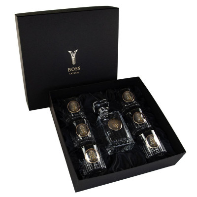 Набір для віскі "ШЕВРОН ВМФ" 6 келихів 360 мл, графін 750 мл, кришталь з платиною, зображення срібло з позолотою