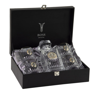 Сет для виски Boss Crystal «Казак» графин с казаком, 4 стакана с платиной, накладки серебро и золото