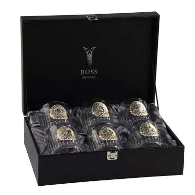 Набор для виски "Казаки люкс" Boss Crystal, 6 бокалов, платина, серебро, золото, хрусталь, кожаный кейс
